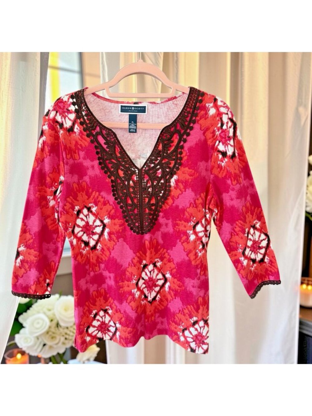 Karen Scott Multicolor 3/4 Sleeve Ikat Print Top-Size Petite Large-NWT